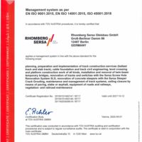 Rhomberg Sersa Gleisbau GmbH ISO-Certificate 9001 14001 45001