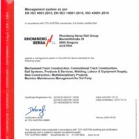ISO 9001 QM, ISO 14001 UM, ISO 45001 SGM Rhomberg Sersa Rail Group