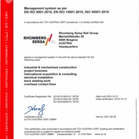 ISO 9001 QM, ISO 14001 UM, ISO 45001 SGM Rhomberg Sersa Rail Group